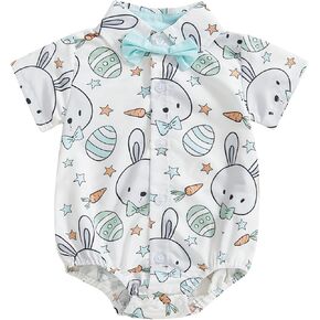 Karuedoo Newborn Baby Boy Easter Outfit Dress Shirt Bodysuit with Bowtie Button Down Short Sleeve Romper One-Piece Outfit