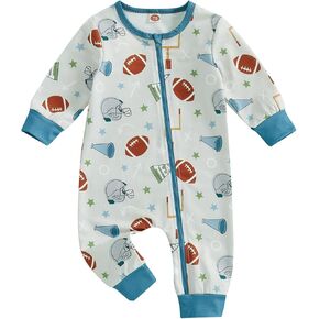 Aopwsrlyi Infant Baby Boy Football Outfit One Piece Long Sleeve Zipper Jumpsuit Newborn Boy Game Day Football Bodysuit