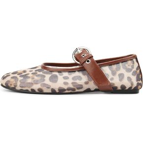 Leopard Mesh Ballet Flats for Women Round Toe Buckle Flats Slip on Mesh Mary Jane Flats Comfortable Ballerina Shoes Casual Office Shoes
