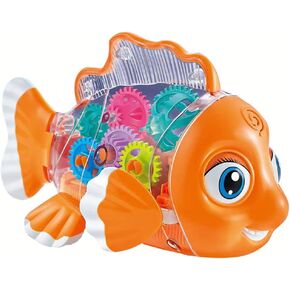 Transparent Mechanical Gear Toy, Gear Goldfish Car Toy Electronic Land Swimming Fish Toy Goldfish Toy Universal Wheel Car Toy with Lights and Music-Eyes, Arms & Tail Can Move (Goldfish)