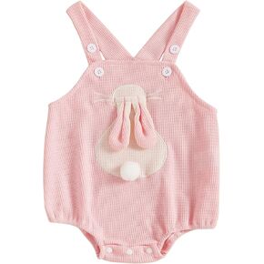 Newborn Baby Girl Easter Outfit Bunny Strap Romper Infant Baby Girl Rabbit Outfit Waffle Knit Onesie Clothes
