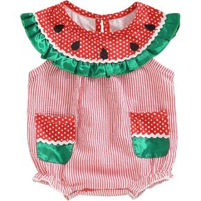 Smocked Baby Girl Clothes Watermelon Fruit Stripe Print Puff Sleeve Bubble Romper Frill Trim Ruffle Bodysuit Clothes