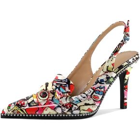 Esvowido Women 3.5" Slingback High Heel Pumps Stilettos Beaded Pointed Toe Shoes Slip On Loafers Pumps Patent Leather High Heel Shoes for Women