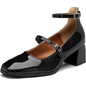 NEWBELLA Women's Vintage Patent Chunky Heeled Mary Jane Pumps