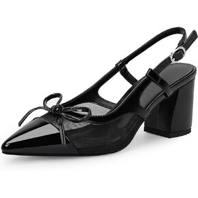 Women's Bow Chunky High Heel Air Mesh Slingbacks Pumps Pointed Toe Dress Shoes