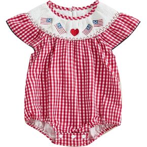 Infant Baby Girl 4th Of July Outfit Plaid Smocked Flutter Sleeve Bubble Romper Flag Embroidered Summer Bodysuit