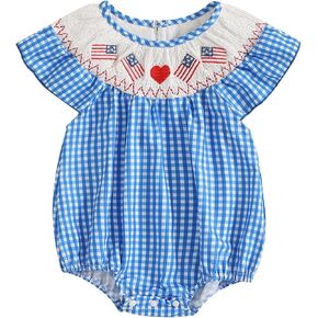 Infant Baby Girl 4th Of July Outfit Plaid Smocked Flutter Sleeve Bubble Romper Flag Embroidered Summer Bodysuit