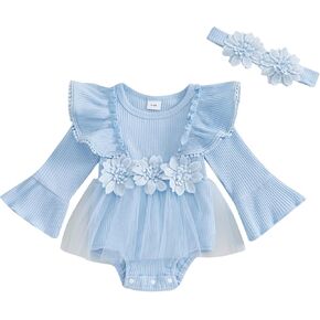 Infant Newborn Baby Girl Fall Winter Outfit Clothes Flare Long Sleeve Ruffle 3D Flower Mesh Tulle Tutu Romper Dress