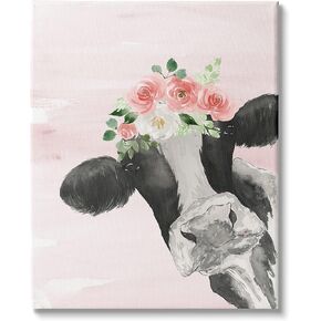 Stupell Industries Dairy Farm Cow Watercolor Portrait Pink Floral Crown, Design by Lucille Price Black Framed Wall Art, 16 x 20