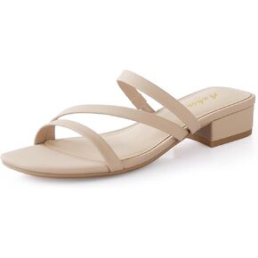 Ankis Black Nude White Strappy Heels Women 1 Inch Low Chunky Block Heel Heeled Sandals Square Open Toe Slip On Slides Mules
