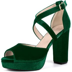 Perphy Peep Toe Pumps Velvet Crisscross Strap Block Heel Platform Sandals for Women