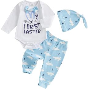 Gueuusu My First Easter Baby Boy Outfit Long Sleeve Bunny Romper Rabbit Long Pants Hat 3Pcs Clothes Set 3 6 12 18M