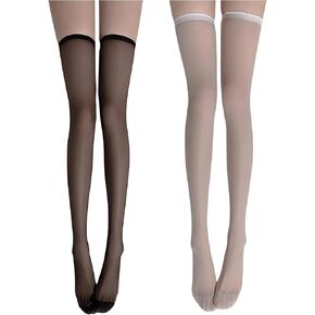 Women's 2 Pairs Sheer Thigh High Stockings Lace Trim Bow Over the Knee Tights
