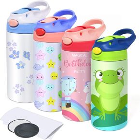 Sublimation Kids Sippy Cup, 12oz Stainless Steel Insulated Toddler Water Bottle with Leak-Proof Straw Lid and Handle, Children Sublimation Blanks Tumbler Cups with Shrink Films(4 Pack)