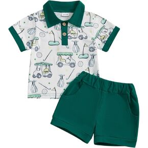 2Pcs Toddler Baby Boys Golf Outfit Short Sleeve Golf Cart Print Polo T-shirt Elastic Shorts Infant Summer Shorts Set