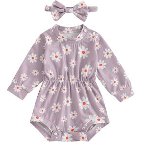 Lefyira Baby Girl Ribbed Romper Daisy Print Shirt Long Sleeve Bodysuit Floral Knit Jumpsuit Headband Set Fall Winter Outfits