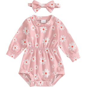 Lefyira Baby Girl Ribbed Romper Daisy Print Shirt Long Sleeve Bodysuit Floral Knit Jumpsuit Headband Set Fall Winter Outfits