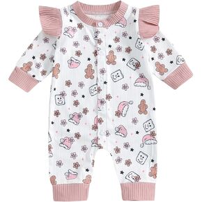 Newborn Baby Girl Long Sleeve Print Ruffle Oversized Bubble Romper Button Jumpsuit One Piece Outfit Fall Clothes