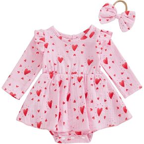 Baby Girl Valentine’s Day Outfits Long Sleeve Heart Print Ruffle Dress Romper Headband Fall Set Newborn Clothes