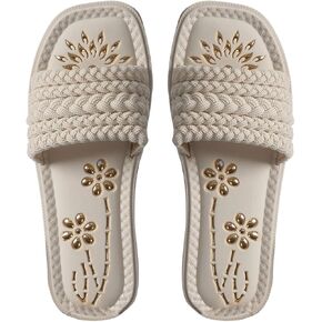 OYOANGLE Women's Braided Open Toe Sandals Single Band Flat Square Toe Slide Sandals Dressy Slip On Slippers