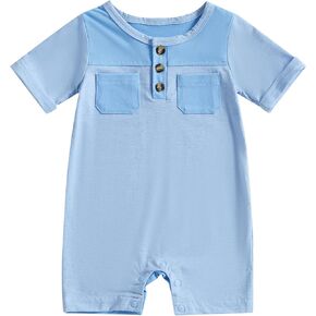 Newborn Baby Boy Summer Clothes Color Block Short Sleeve Rompers Button Jumpsuit One Piece Outfit Infant Clothing