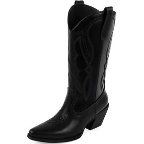 Embroidered Cowgirl Boots Women's Wide Calf Pointed Toe Cowboy Boots With Side Half Zip Mid Calf Block Heel Western Boots Lady Retro Country Boots Size 7-10