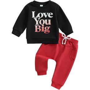Douhoow Baby Boy Valentines Day Outfit Boy Girl Letter Print Sweatshirt Long Pants Winter Spring Festival Clothes