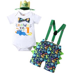 Baby Boy 1st Birthday Cake Smash Outfit Bow Tie Halloween dinosaur Adjustable Y Suspenders Pants Clothes set