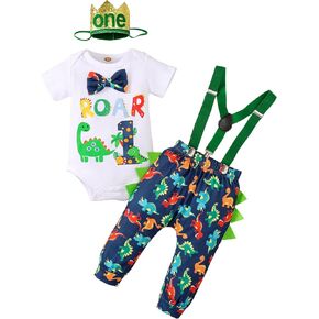 Baby Boy 1st Birthday Funny Cake Smash Outfit Bow Tie Halloween dinosaur Y Suspenders Long Pants Clothes set
