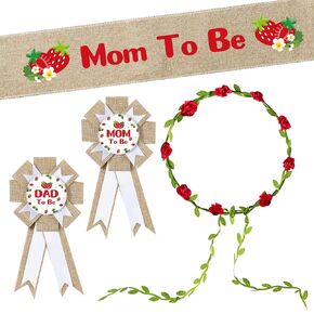 R Horse 5pcs Mom لتكون أبيًا ليكون دبوسًا ، فراولة محايدة الخيش المحايدة ، دبوس قشرة الأمومة ، وعصابة تاج الزهرة ، جنس الحمل يكشف عن زخارف استحمام الطفل للحفلات.