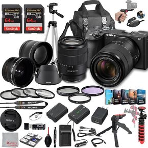 Sony a6600 Mirrorless Camera with 18-135mm Lens, 128GB Extreem Speed Memory,.43 Wide Angle & 2X Lenses, Case,Tripod, Filters, Hood, Grip,Spare Battery & Charger,Editing Software Kit -Deluxe Bundle