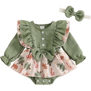 Baby Girls Rompers Dress Bowknot Print Puffy Ruffles Jumpsuits Bodysuits Infant Toddler 2PCS Clothes Set with Headband