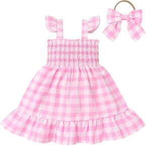 ODASDO Baby Girls Toddler Kids Pink Plaid Dress Spaghetti Straps Ruffle Romper 1st Birthday Cake Smash Outfit