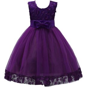Girl Ball Gown Dress for Wedding Formal Size 1-2 Years Toddler Knee Length Lace Petal Flower Girl Dresses for Girls Size 24 Months Special Occasion Princess Party Birthday Dress (Dark Purple, 3)