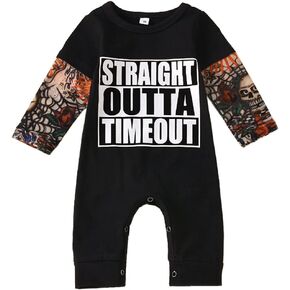 stylesilove Infant Baby Boys Straight Outta Timeout Tattoo Sleeve Cotton Romper Autumn Jumpsuit Outfit