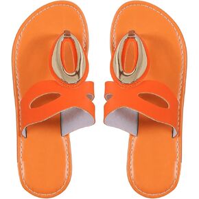 OYOANGLE Women's Metal Decor Leather Thong Sandals Open Toe Slip on Flat Sandal Casual Flip Flops