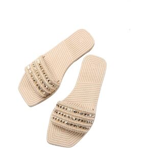 OYOANGLE Women's Studs Square Open Toe Slip on Flat Sandals Summer Fashion Slip on Sandal