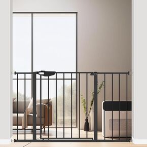 ALLAIBB Triple Lock Extra Wide Baby Gate Pressure Mounted Walk Through Safe Auto Close Black Metal Dog Pet Puppy Cat for Stairs,Doorways,Kitchen 76.77-86.22"