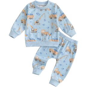 Toddler Baby Boy Valentines Day Outfits Truck Heart Print Long Sleeve Tops Sweatpants 2Pcs Spring Farm Clothes Set (Blue, 12-18 Months)