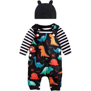 Newborn Baby Black Outfit Set 9-12 months Baby Boy Dinosaur Clothes 3pcs Long Sleeve Top+ Overalls Pants + Hat