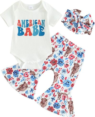 4th Of July Baby Girl Outfit USA Romper Bell Bottom Pant Set Patriotic Newborn Western Cow print Baby Girl Clothes in Saudi Arabia