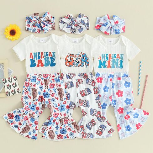 4th Of July Baby Girl Outfit USA Romper Bell Bottom Pant Set Patriotic Newborn Western Cow print Baby Girl Clothes in Saudi Arabia
