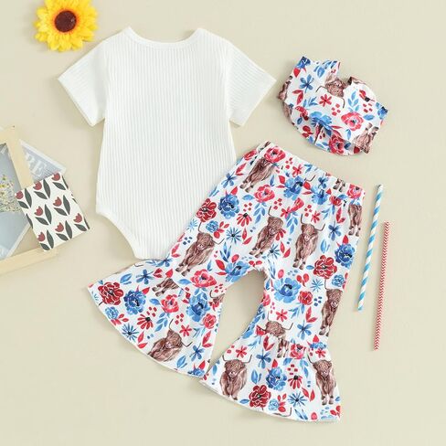 4th Of July Baby Girl Outfit USA Romper Bell Bottom Pant Set Patriotic Newborn Western Cow print Baby Girl Clothes in Saudi Arabia