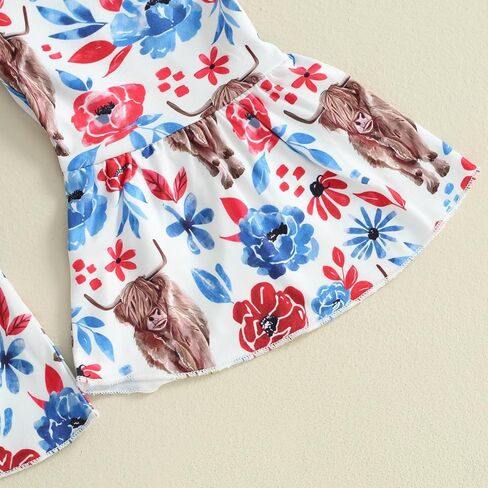 4th Of July Baby Girl Outfit USA Romper Bell Bottom Pant Set Patriotic Newborn Western Cow print Baby Girl Clothes in Saudi Arabia