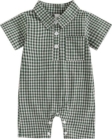 Karuedoo Newborn Baby Boy Clothes Gingham Polo Short Sleeve Romper Jumpsuit Plaid Button Down Collared Bodysuit Summer Outfit in Kuwait
