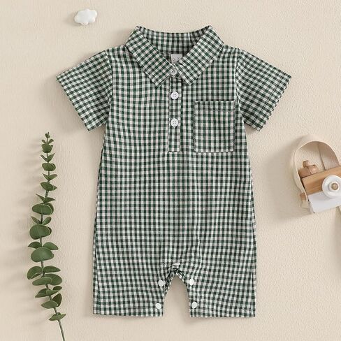 Karuedoo Newborn Baby Boy Clothes Gingham Polo Short Sleeve Romper Jumpsuit Plaid Button Down Collared Bodysuit Summer Outfit in Kuwait