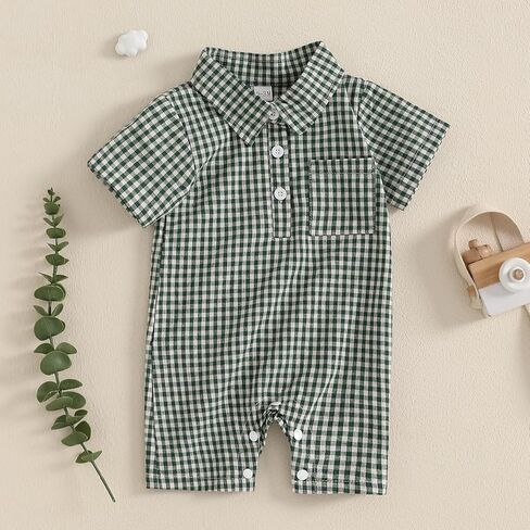 Karuedoo Newborn Baby Boy Clothes Gingham Polo Short Sleeve Romper Jumpsuit Plaid Button Down Collared Bodysuit Summer Outfit in Kuwait