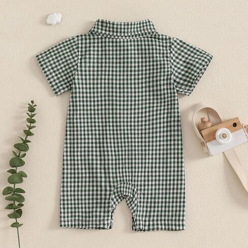 Karuedoo Newborn Baby Boy Clothes Gingham Polo Short Sleeve Romper Jumpsuit Plaid Button Down Collared Bodysuit Summer Outfit in Kuwait