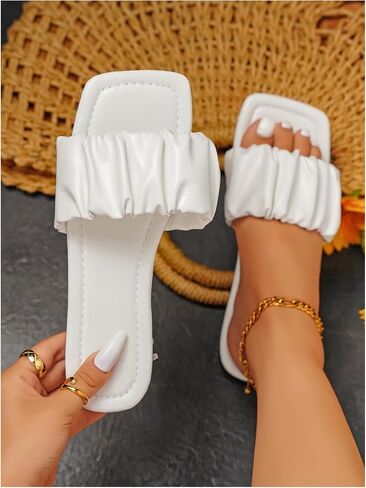 SweatyRocks Women's Ruched Slide Sandals Square Open Toe Outdoors Flat Sandals Slippers in Saudi Arabia