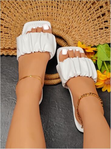 SweatyRocks Women's Ruched Slide Sandals Square Open Toe Outdoors Flat Sandals Slippers in Saudi Arabia